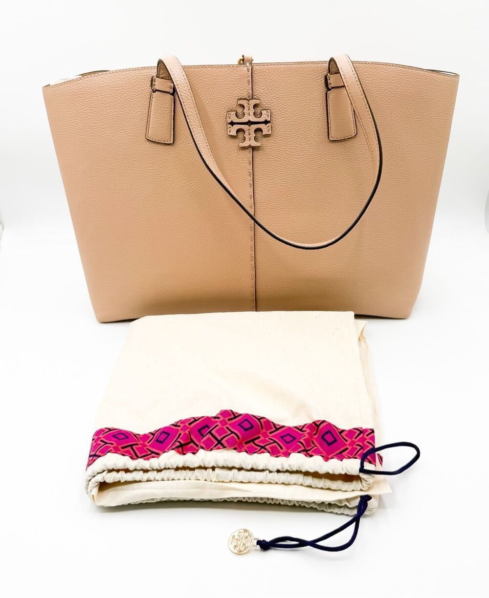 Tory Burch McGraw Leather Tote Devon Sand Neutral Double T Logo New